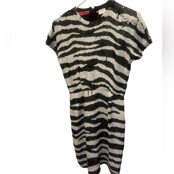 Vintage BLACK & WHITE ZEBRA PRINT SEQUIN SHORT DRESS-100% Silk- Sz 4-AMAZING! - Picture 2 of 8